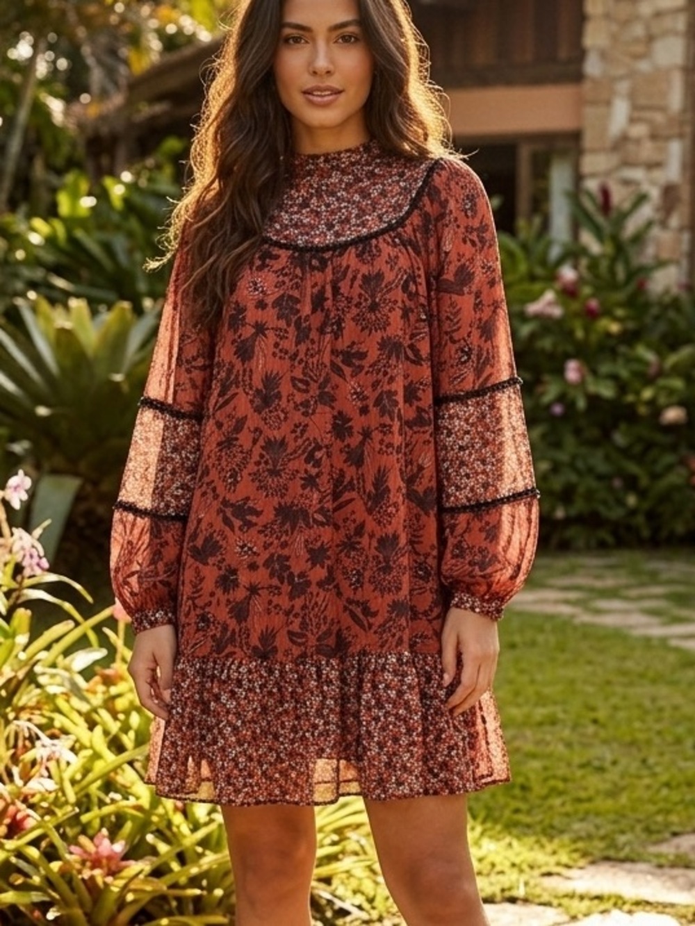 Women's Rust Floral Long-Sleeve Mini Dress size XS
